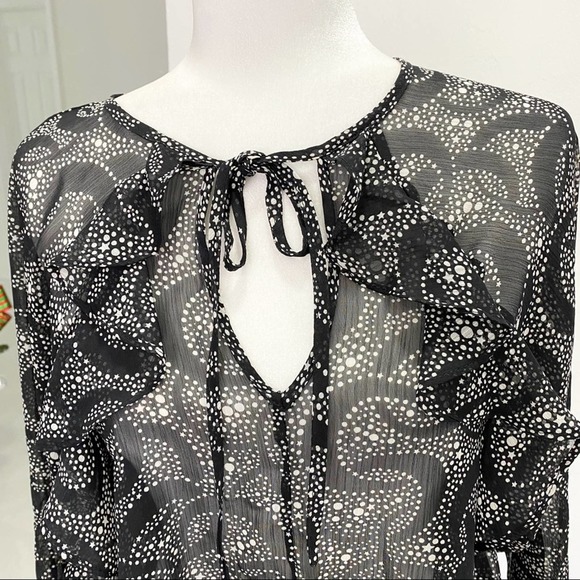 Topshop Star & Moon Blouse Black Ruffles Ties Semi Shear - Picture 3 of 9